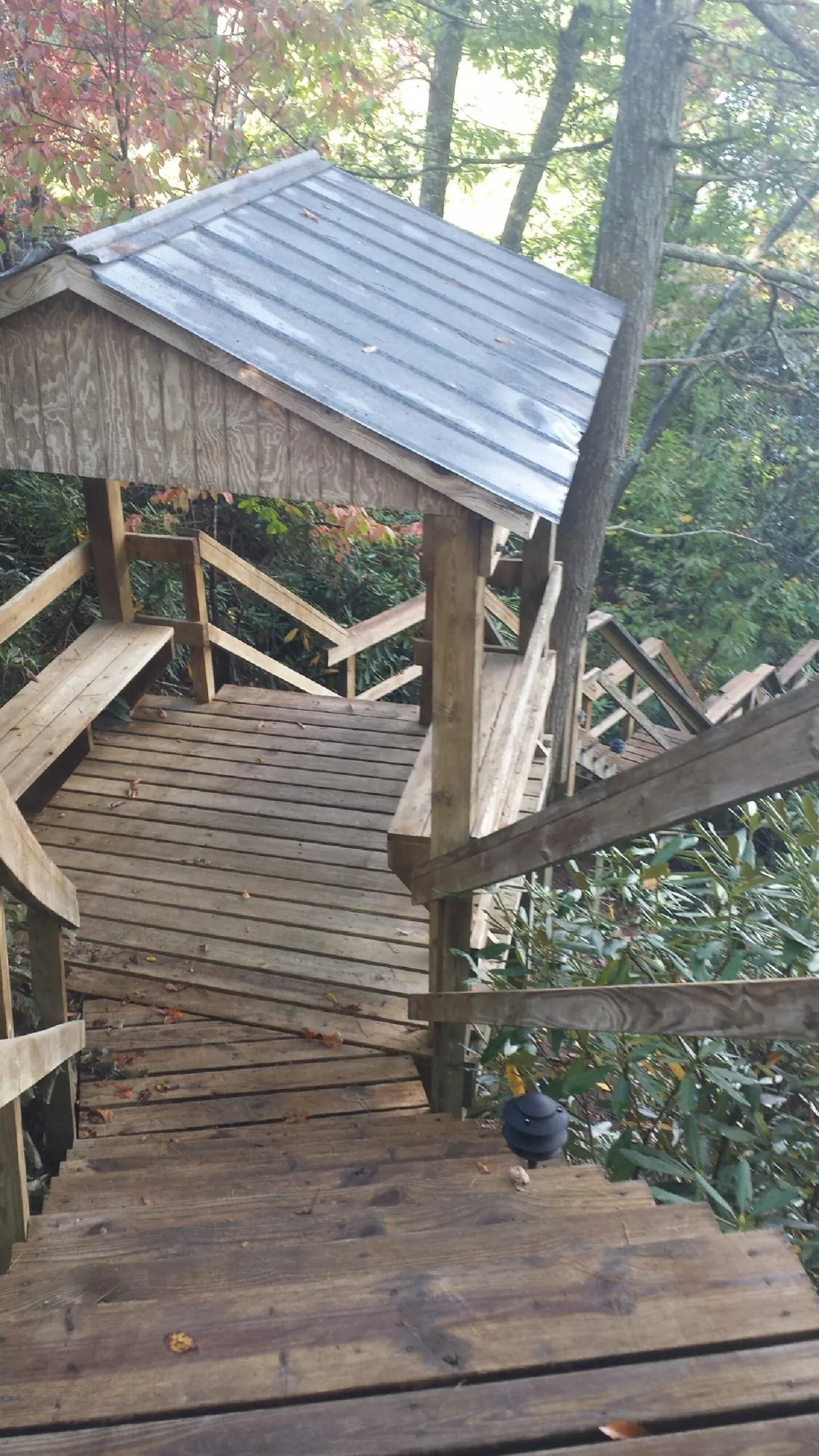 Metal roofed shelter over wooden steps on a wooded walkway — Skylight Repair & Installation work by our crew in Veyo
